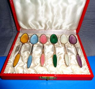 Set/6 Vintage 1950s Frigast Denmark Sterling Silver Enamel Demitasse Spoons NIB 4