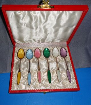 Set/6 Vintage 1950s Frigast Denmark Sterling Silver Enamel Demitasse Spoons NIB 5