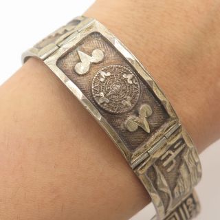 Vintage 925 Sterling Silver Tribal Aztec Wide Link Bracelet 6.  5 "