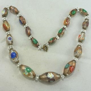 RARE Vintage Venetian Murano CLEAR Glass Millefiori Aventurine Bead Necklace 3