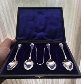 Lovely Antique 5pc Sterling Silver Tea Spoon And Sugar Tong Set Demitasse