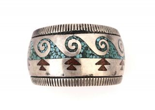 Vintage Native American Sterling Silver Multi - Stone Chip Inlay Cuff Bracelet