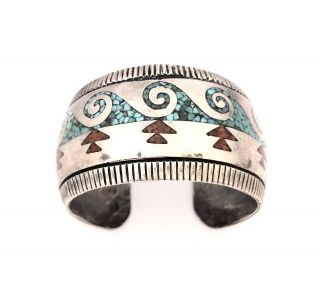 Vintage Native American Sterling Silver Multi - Stone Chip Inlay Cuff Bracelet 2