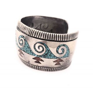 Vintage Native American Sterling Silver Multi - Stone Chip Inlay Cuff Bracelet 4