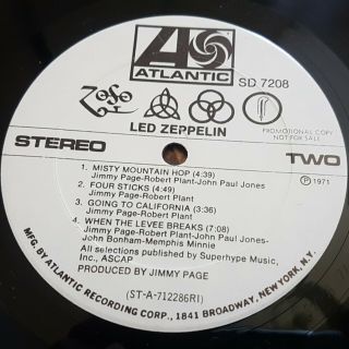 Led Zeppelin Iv Monster Rare Usa White Label Promo (sd 7208) - Stunning