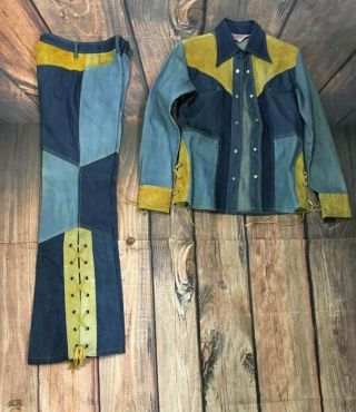 Vintage 1970s Faded Glory Appendasez Denim Blue Jeans Pants Set Hippy Appliqué