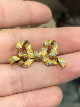 Pretty Antique Victorian 14k Gold & Enamel Ribbon Bow Brooch Watch Pin