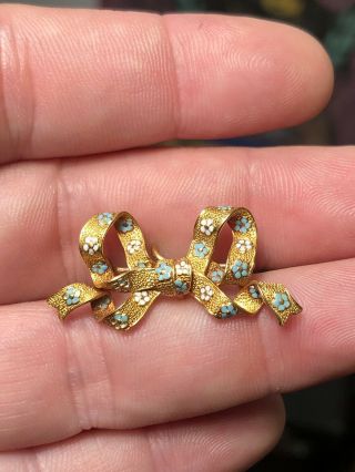 Pretty Antique Victorian 14k Gold & Enamel Ribbon Bow Brooch Watch Pin 8