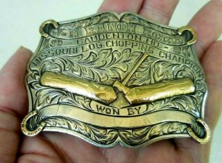 Vintage " 53 J Bar H Rodeo Missouri Log Chopping Champion Belt Buckle By Miller