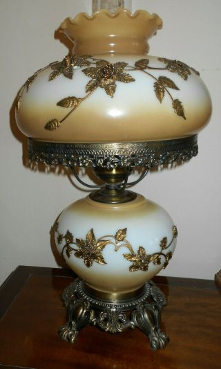 Vintage Gone With The Wind Hurricane Table Lamp Brass Flowers Carl Falkenstein.