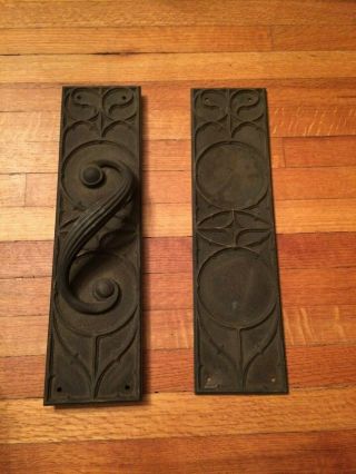 Rare Antique Art Nouveau Bronze Brass Door Pull Handle,  Finger Push Plate