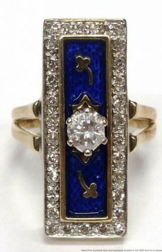 14k Yellow Gold Fine Diamond Approx 0.  40ct Center Blue Enamel Long Vintage Ring