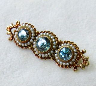 Ornate Antique Victorian Lustrous Seed Pearl & Blue Topaz 14k Gold Brooch