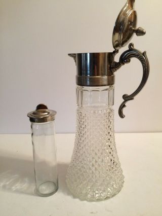 Crystal Carafe Pitcher Decanter Vintage Silverplate Top With Ice Chiller Insert