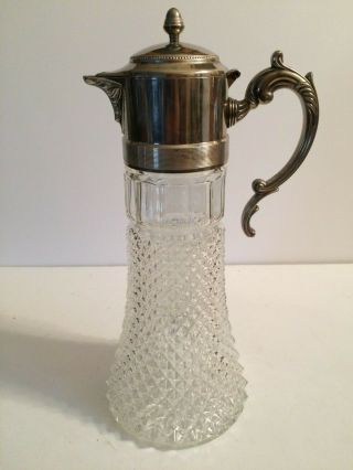 Crystal Carafe Pitcher Decanter Vintage Silverplate Top With Ice Chiller Insert 3