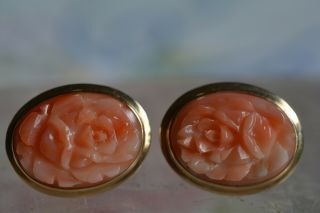 Vintage 585/14k Yellow Gold Carved Roses Cameo Pierced Earrings