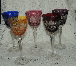 Vintage Multi - Color Set - 5 Cut To Clear Crystal Wine Glasses Czech - Bohemian