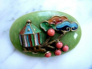 Art Deco Chinese Revival Czech Neiger Brothers Enamel Coral Brooch Pin Bohemia