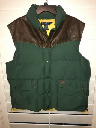 Vtg Polo Ralph Lauren Down Puffer Vest Leather Shoulders Snap Button Green Xl