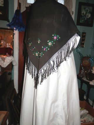 Antique Black Victorian Hand Embroidered Fringed Shawl 29 " Square