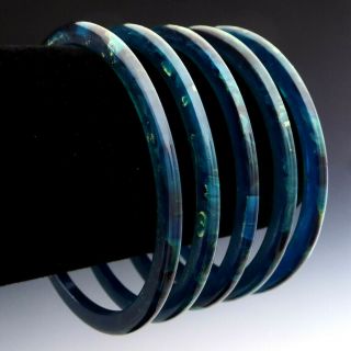Vintage Cerulean Blue Swirl Bakelite Sliced Bangle Bracelets Translucent