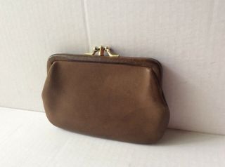 Coach Vintage Brown Leather Double Kisslock Framed Coin Purse Wallet Pouch