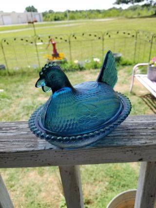 Vintage Indiana Glass Denim/confederate Blue Ultra Rare Hen On Nest