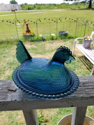 Vintage Indiana Glass Denim/Confederate Blue Ultra Rare Hen on Nest 2