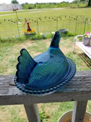 Vintage Indiana Glass Denim/Confederate Blue Ultra Rare Hen on Nest 3