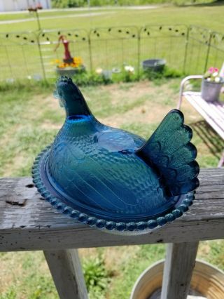 Vintage Indiana Glass Denim/Confederate Blue Ultra Rare Hen on Nest 4