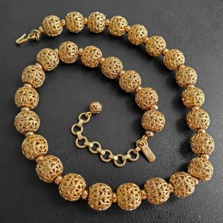 Signed Monet Retro Vintage Gold Tone Filigree Bead Necklace S143