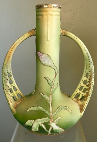 Vintage Nippon Coralene Vase With Unique Handles Floral Foxglove Flowers