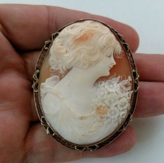 Large Antique Exquisite Hand Carved Cameo Brooch Pendant Sterling Silver Frame