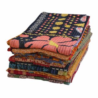 Vintage Reversible Kantha Quilt Of10 Pc Throw Blanket Indian Ralli