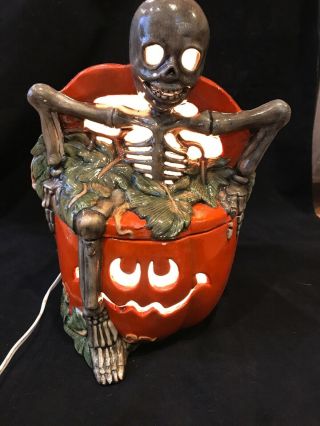 Vintage Ceramic Skeleton In Pumpkin 12” Tall Lighted