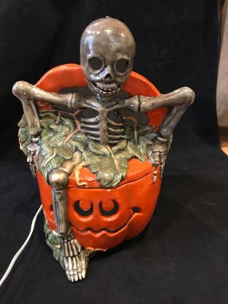 Vintage Ceramic Skeleton in Pumpkin 12” tall Lighted 2