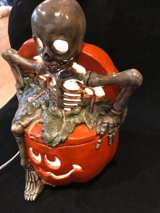 Vintage Ceramic Skeleton in Pumpkin 12” tall Lighted 3