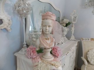 Shabby Vintage French Chic Houdon Lady/ Girl Statue Bust W/ Jewels & Pink Hat