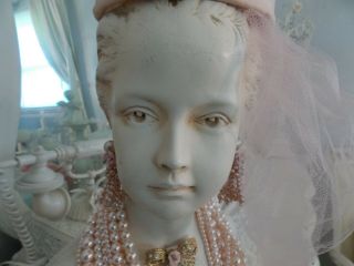 SHABBY VINTAGE FRENCH CHIC HOUDON LADY/ GIRL STATUE BUST W/ JEWELS & PINK HAT 6