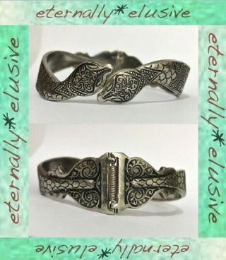 Vtg Art Deco Egyptian Revival Niello Silver Snake Clamper Hinged Bangle Bracelet