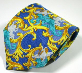 Vintage Gianni Versace Angel Pattern Multi Color Silk Necktie Tie Made In Italy