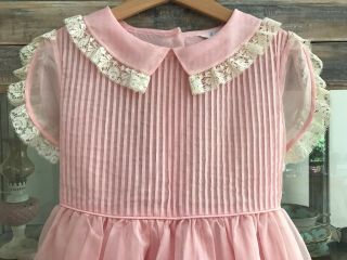 1950 ' s vintage girl sheer pink party dress,  sash tie,  flutter sleeves,  soft lace 2