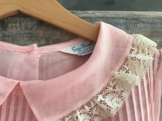 1950 ' s vintage girl sheer pink party dress,  sash tie,  flutter sleeves,  soft lace 4