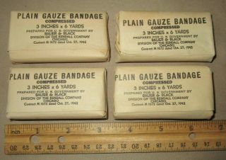 Four Packs 1942 Dated Us Army,  Wwii Gauze Bandages,  3 " X 6 Yards