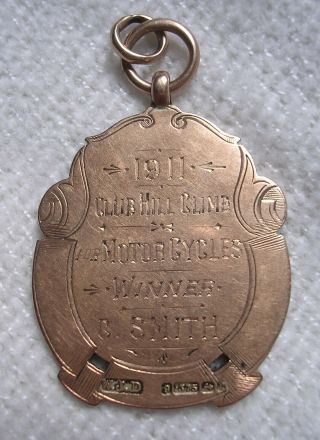 Gold Motor Cycling Hill Climb 1911 prize fob medal 9 carat 11.  4 grams pre WW1 2