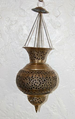 Vintage Moroccan Lantern Lamp Pierced Brass Floral Small Hanging Pendant