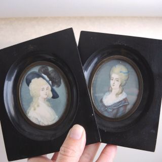 Antique Pair Miniature Portrait Ladies 19th - C Painting Signed George Wax Seal