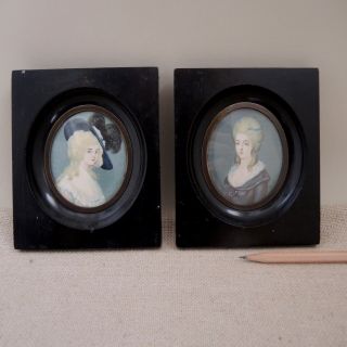 Antique Pair Miniature Portrait Ladies 19th - C Painting Signed George Wax Seal 2