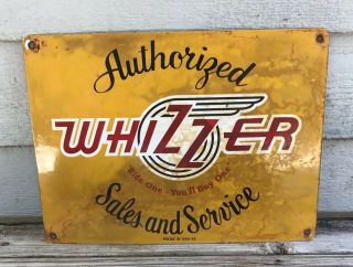 Vintage Whizzer Authorized Sales Gasoline Porcelain Gas Pump Plate Sign