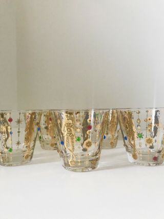 Vintage Set 8 Culver 22k Gold Harlequin Mardi Gras Jester Glasses Mod Jeweled